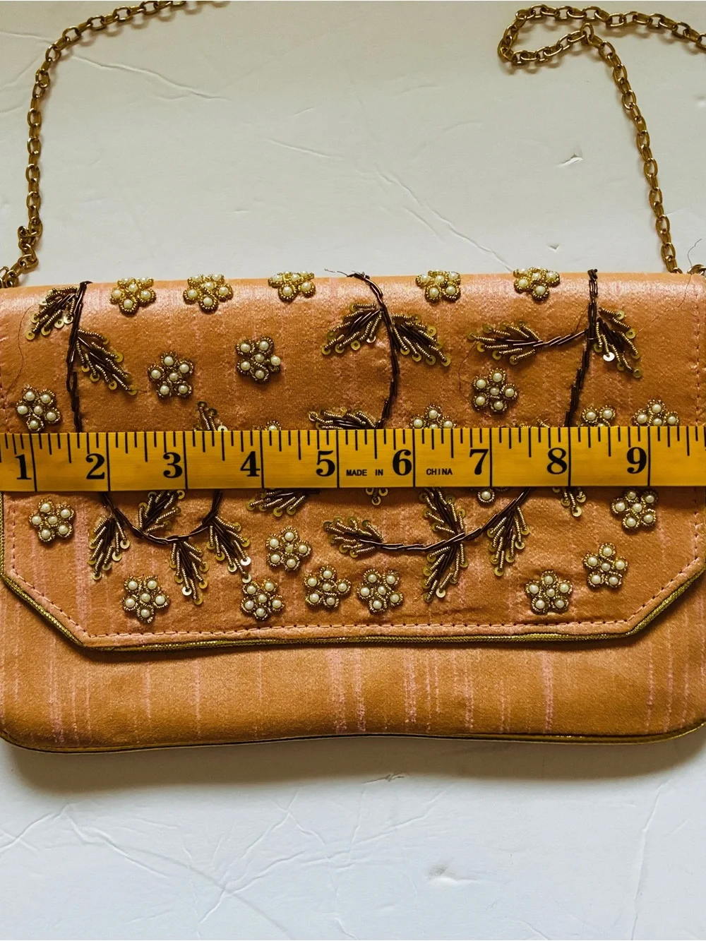 Embroidered Floral Satin Crossbody Clutch - Peach